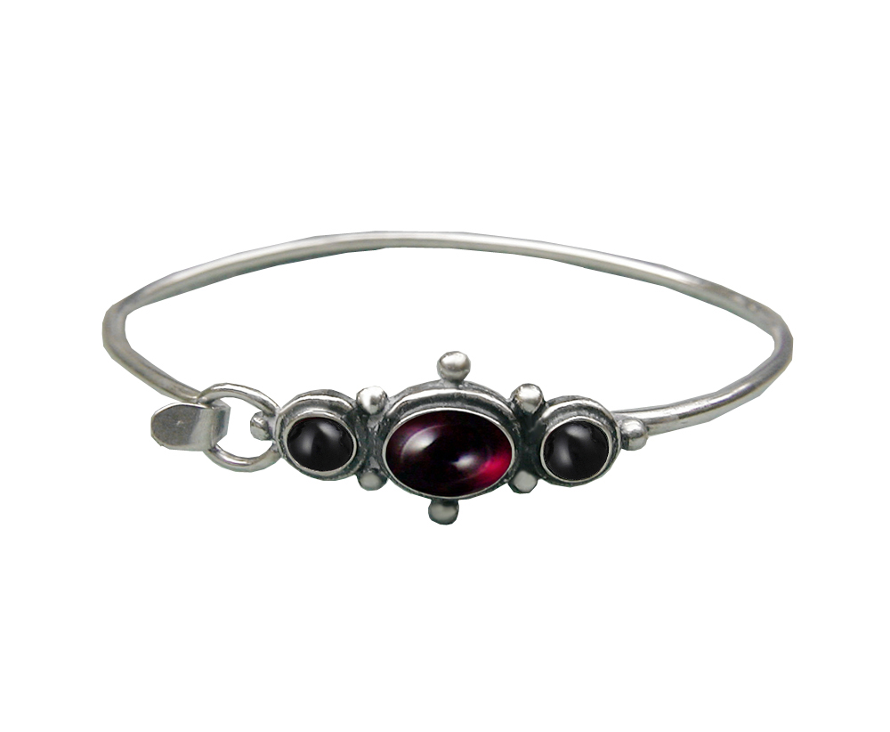 Sterling Silver Strap Latch Spring Hook Bangle Bracelet Garnet And Black Onyx